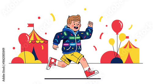 Excited boy in neon jacket running towards colorful carnival tents and vibrant balloons