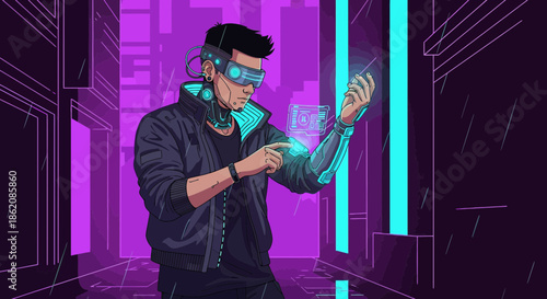 Envisioning the future enhanced man: Cyberpunk character engaging with holographic interfaces amid