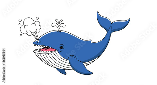 Large happy blue whale swimming and spouting water from its blowhole in a friendly cartoon illustration style.