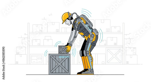 Exoskeleton assisted warehouse worker lifting boxes showcasing modern industrial efficiency