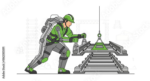Exoskeleton technology empowering construction worker with heavy lifting tasks illustration