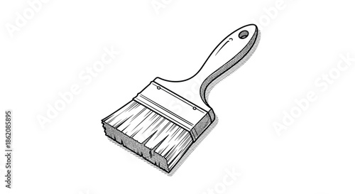 Hand drawn illustration of a classic paint brush with a wooden handle and metal ferrule against a plain white background.