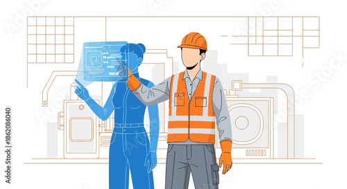 Factory of the future: Man and woman work with digital interface in industrial facility