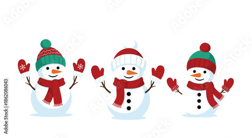 Cute cartoon illustration of three happy snowmen wearing colorful winter hats, scarves, and mittens against a white background.