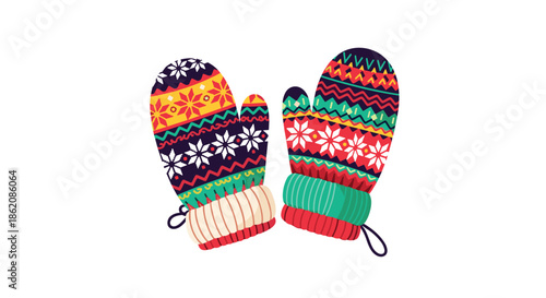 Colorful winter mittens with intricate Nordic patterns and fuzzy cuffs presented as a cozy seasonal illustration on a white background.