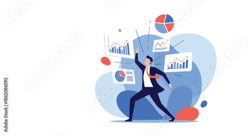 Illustration of a businessman surrounded by various floating data charts and graphs showing success and growth in a modern office.