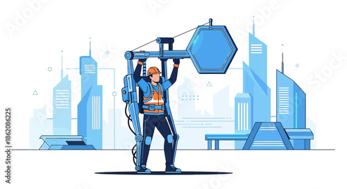 Future construction worker in exoskeleton holding hexagon shape with cityscape background