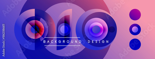 Abstract circles create vibrant gradient background. Modern design features layered shapes, purple, blue hues. Text reads background design.