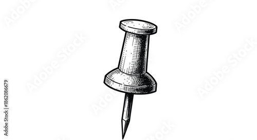 Detailed hand drawn illustration of a classic push pin with a plastic top and sharp metal point shown in a perspective view on white.