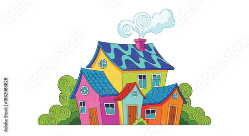 Colorful and whimsical illustration of a multi-story house with a smoking chimney surrounded by stylized green bushes.