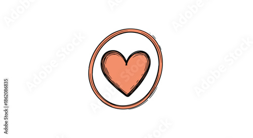 Simple and expressive hand drawn heart symbol in a soft coral color enclosed in a rough circle on a plain white background.