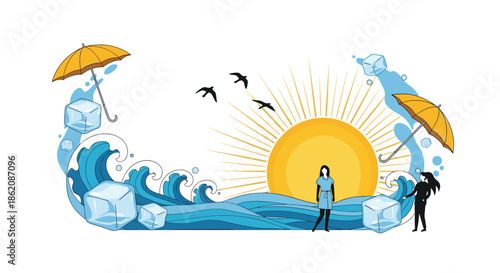 Summer heatwave scene with people cooling down next to large ice cubes, sun, waves and protective umbrellas.