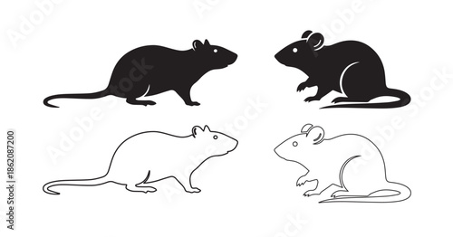 Rat and Mouse Icon Vector Set in Black and Outline Style – Rodent Silhouette Illustration for Pest Control, Logo, UI, App and Web Design
