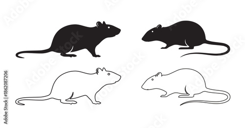 Rat and Mouse Icon Vector Set in Black and Outline Style – Rodent Silhouette Illustration for Pest Control, Logo, UI, App and Web Design