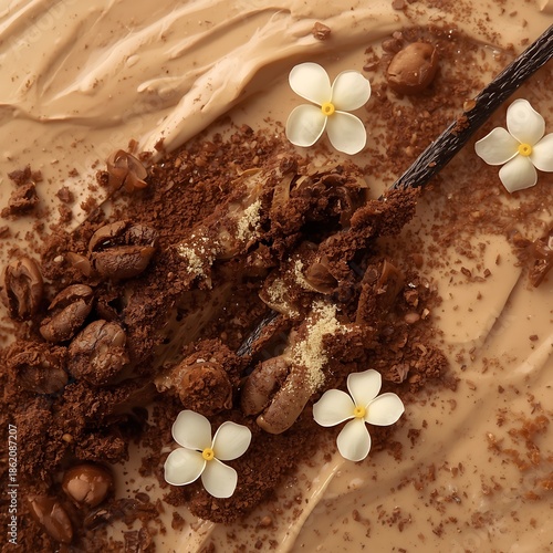 A close-up view of a decadent coffee-flavored dessert adorned with coffee beans, cocoa powder, and delicate white flowers.