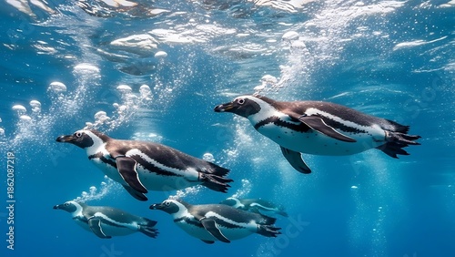 Group of penguins swimming underwater with bubbles in clear blue ocean, showing dynamic movement, marine wildlife behavior, and natural aquatic environment.