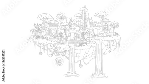 Fantasy island with floating buildings and towers