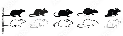 Rat and Mouse Icon Vector Set in Black and Outline Style – Rodent Silhouette Illustration for Pest Control, Logo, UI, App and Web Design