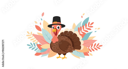 Proud Thanksgiving turkey wearing a pilgrim hat standing in front of colorful autumn leaves on a white background.