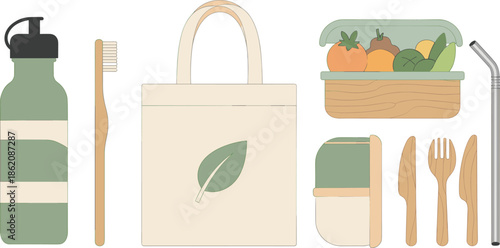 Eco-friendly daily essentials including reusable bottle, bamboo toothbrush, tote bag, lunchbox, metal straw, and wooden cutlery.