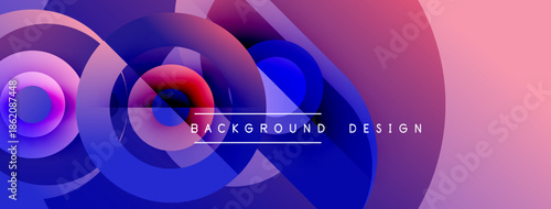 Abstract circles blend purple, blue, pink hues. Modern design features gradient layers, creating dynamic visual effect. Text reads background design.