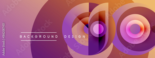 Abstract colorful circles overlap creating dynamic background. Gradient shades transition from purple to orange hues. Text labels design elements.