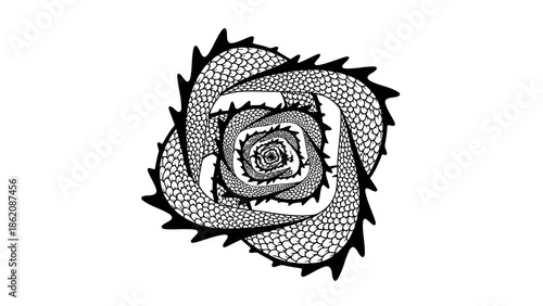 Black and white illustration of a thorny rose