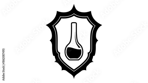Black shield with conical flask inside