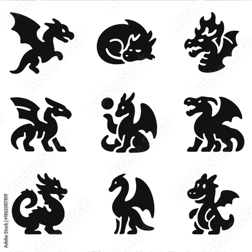 Silhouette collection of nine mythical dragon icons in various poses