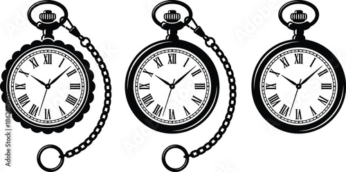 Vintage pocket watches with Roman numerals and chains showing different times and edge styles in black and white.