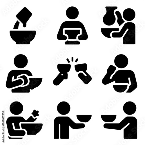 Black silhouette icons of people cooking and dining activities