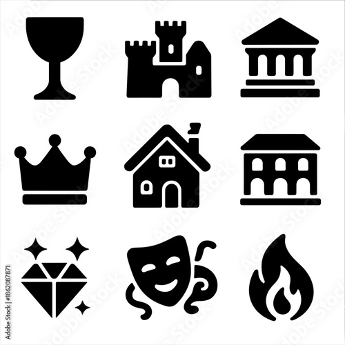 Collection of medieval symbols: castle, crown, theatre, and other iconic designs