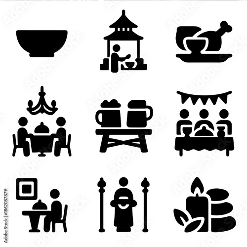 Icons of dining and celebration: tables, meals, and gatherings in black silhouette