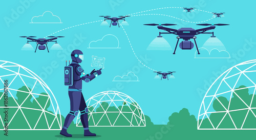 Futuristic agrarian landscape featuring an android controlling a fleet of drones in geodetic domes