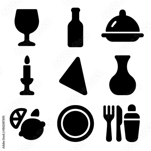Elegant dining icons: wine, candle, plate, and silverware silhouettes