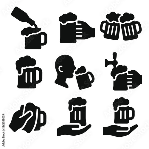 Beer icons collection: pints, mugs, and cheers silhouettes on gray background