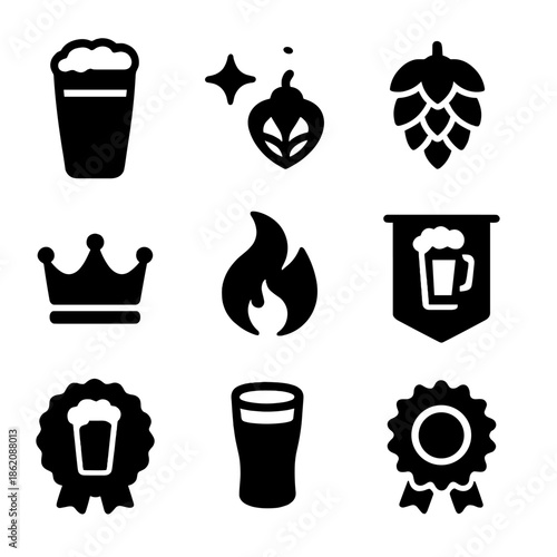 Craft beer icons set featuring pints, hops, and brewery symbols