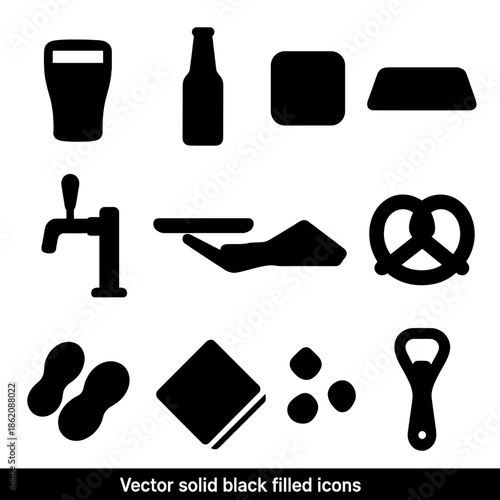 Bar and dining icons: glass, bottle, pretzel, and more in black silhouettes