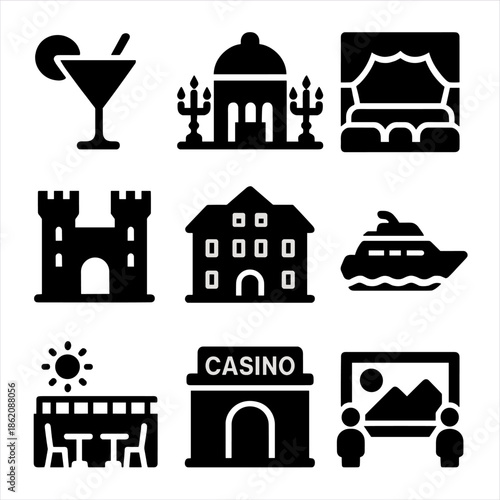 Black silhouette icons of luxury venues and entertainment settings