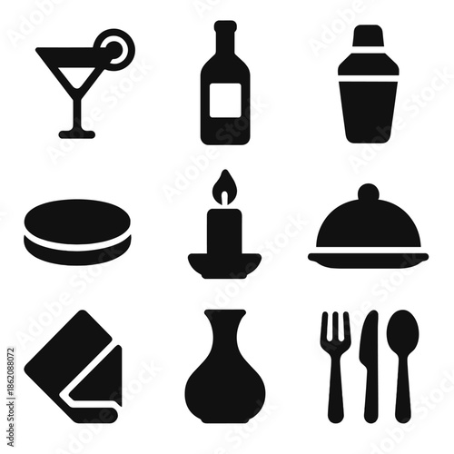 Elegant silhouette icons of cocktails, dining, and decor elements on gray background