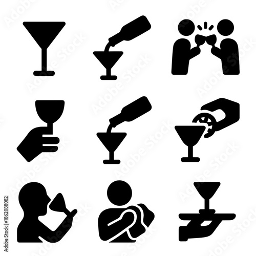 Black cocktail icons set featuring glass, pouring, clinking, and drinking actions