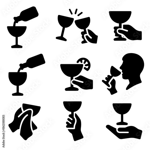Black silhouette icons of wine glasses and toasting celebrations