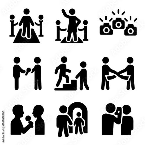 Icon set featuring media: interviews, photography, events, vip access, networking
