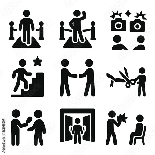 Celebrity event icons depicting red carpet, paparazzi, and awards ceremony