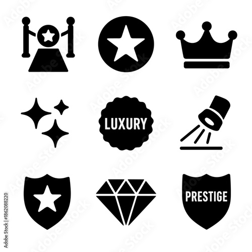 Luxury and prestige icons set featuring crowns and diamonds