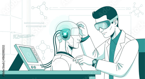 Futuristic biomedical research in a lab enhancing a humanoid robot's capabilities