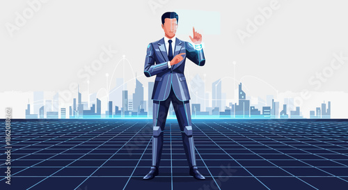 Futuristic Businessman with Advanced Tech Interface in Digital Cityscape Environment