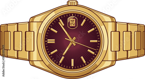 Gold wristwatch with maroon sunburst dial, date window, and linked band for luxury fashion and timekeeping.