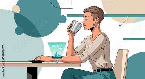 Futuristic businesswoman takes a break while monitoring city development data on her watch