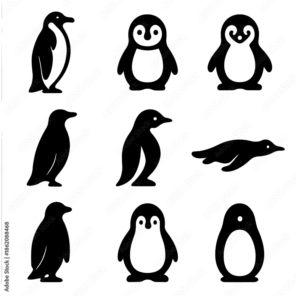 Obraz premium Cute penguin silhouettes in various poses on grey background